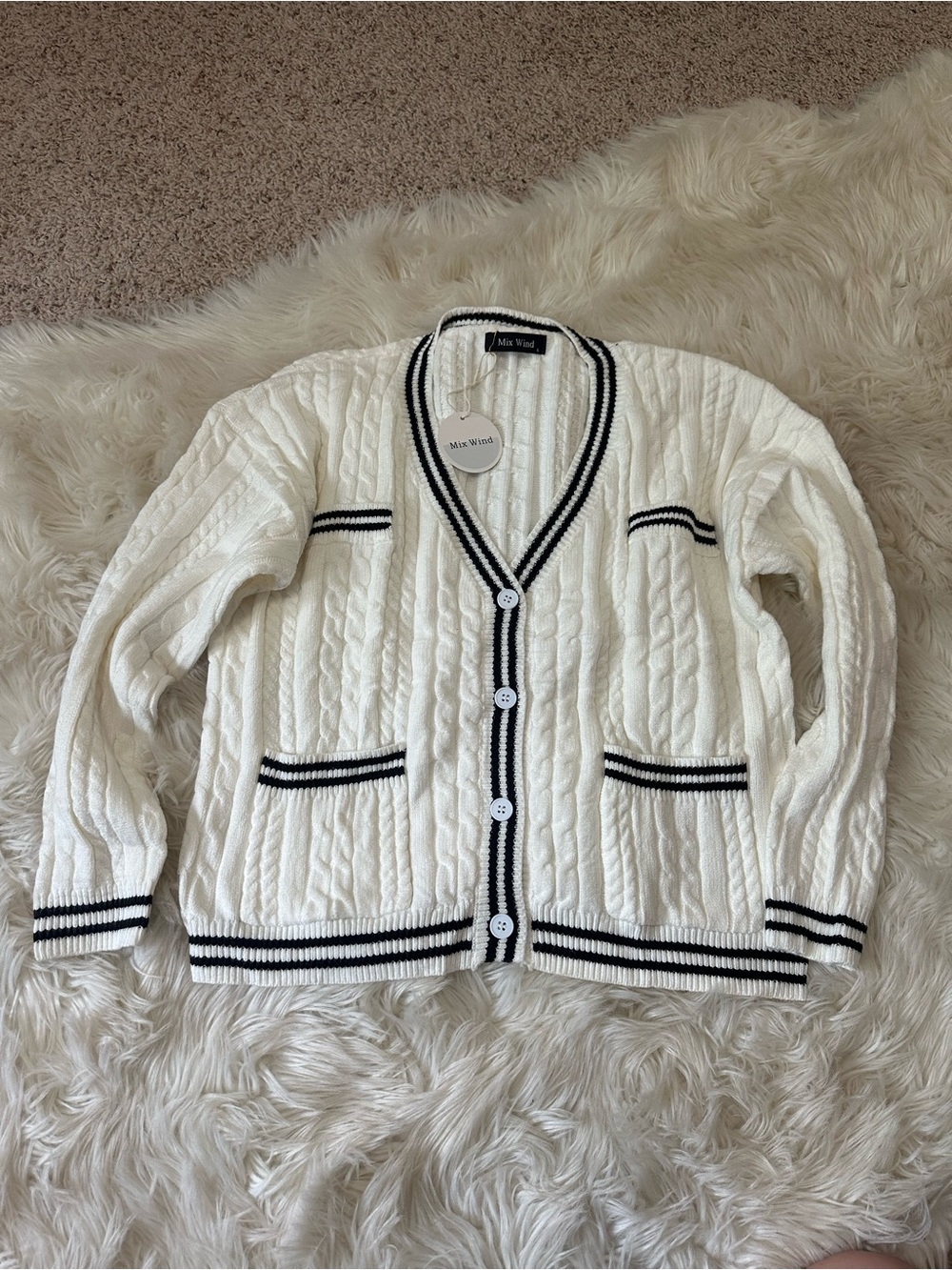 NWT Cream Cable-Knit Cardigan with Black Trim